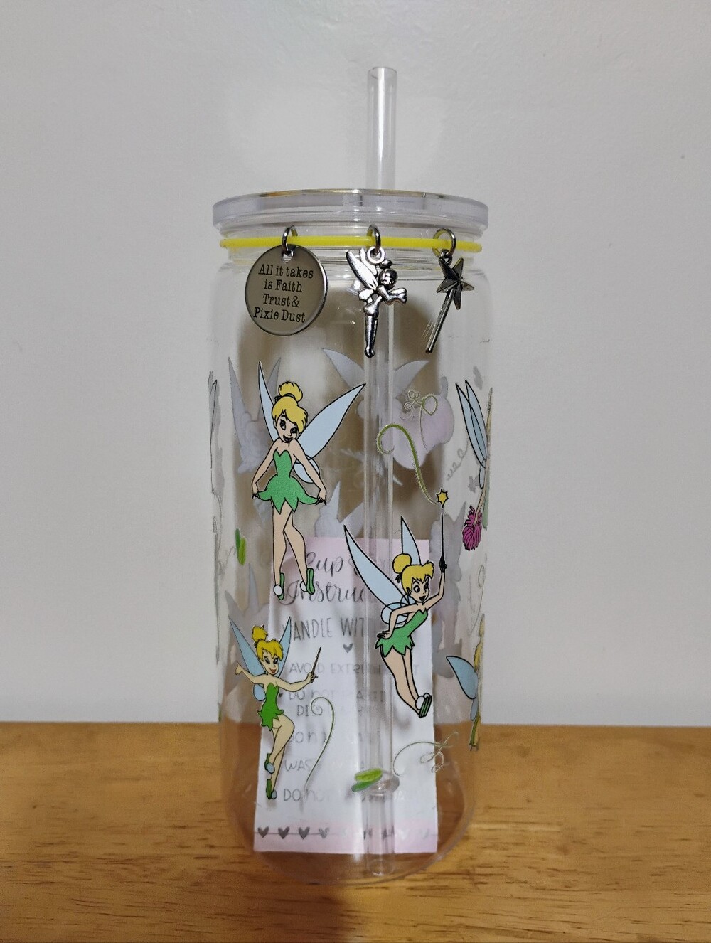 *HANDMADE* TINKERBELL ACRYLIC TUMBLER WITH CHARMS 16 oz.